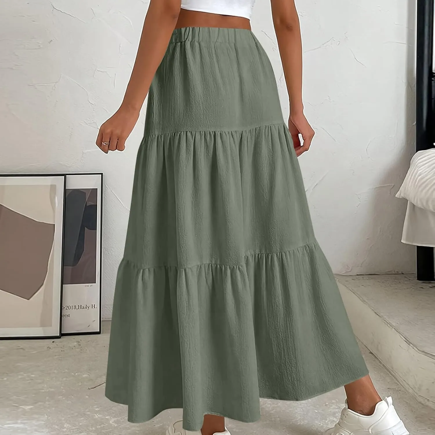 HGps8w Women's Boho Linen Flowy Maxi Skirt, Trendy Casual 2025 Summer Tiered A Line Elastic Waist Pleated Long Beach Skirts