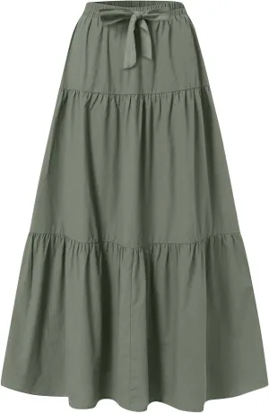 HGps8w Women's Boho Linen Flowy Maxi Skirt, Trendy Casual 2025 Summer Tiered A Line Elastic Waist Pleated Long Beach Skirts