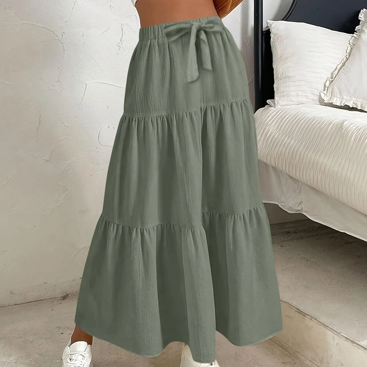 HGps8w Women's Boho Linen Flowy Maxi Skirt, Trendy Casual 2025 Summer Tiered A Line Elastic Waist Pleated Long Beach Skirts