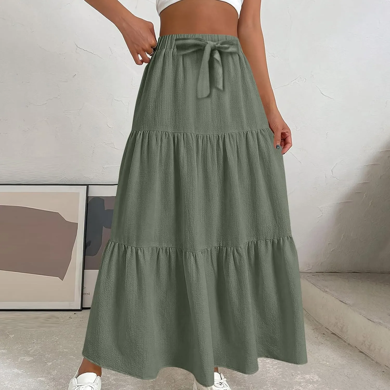 HGps8w Women's Boho Linen Flowy Maxi Skirt, Trendy Casual 2025 Summer Tiered A Line Elastic Waist Pleated Long Beach Skirts