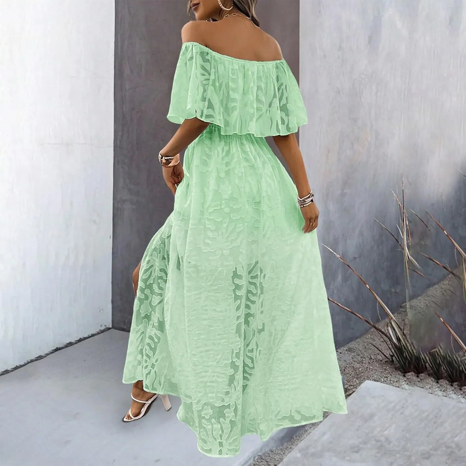 HGps8w Women's Off The Shoulder Floral Lace Beach Vacation Dress Elegant Ruffles Flowy A Line Party Cocktail Maxi Dresses