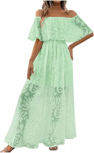 HGps8w Women's Off The Shoulder Floral Lace Beach Vacation Dress Elegant Ruffles Flowy A Line Party Cocktail Maxi Dresses