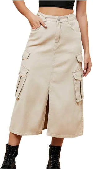 HGps8w Womens Summer Split Front Cargo Skirt Casual High Waisted A-Line Midi Long Denim Skirts