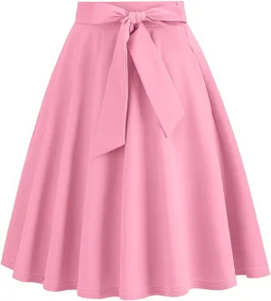 HGps8w Womens Vintage High Waisted A-Line Cocktail Skirt Elegant Belted Waist Flared Midi Skirt for Tea Party