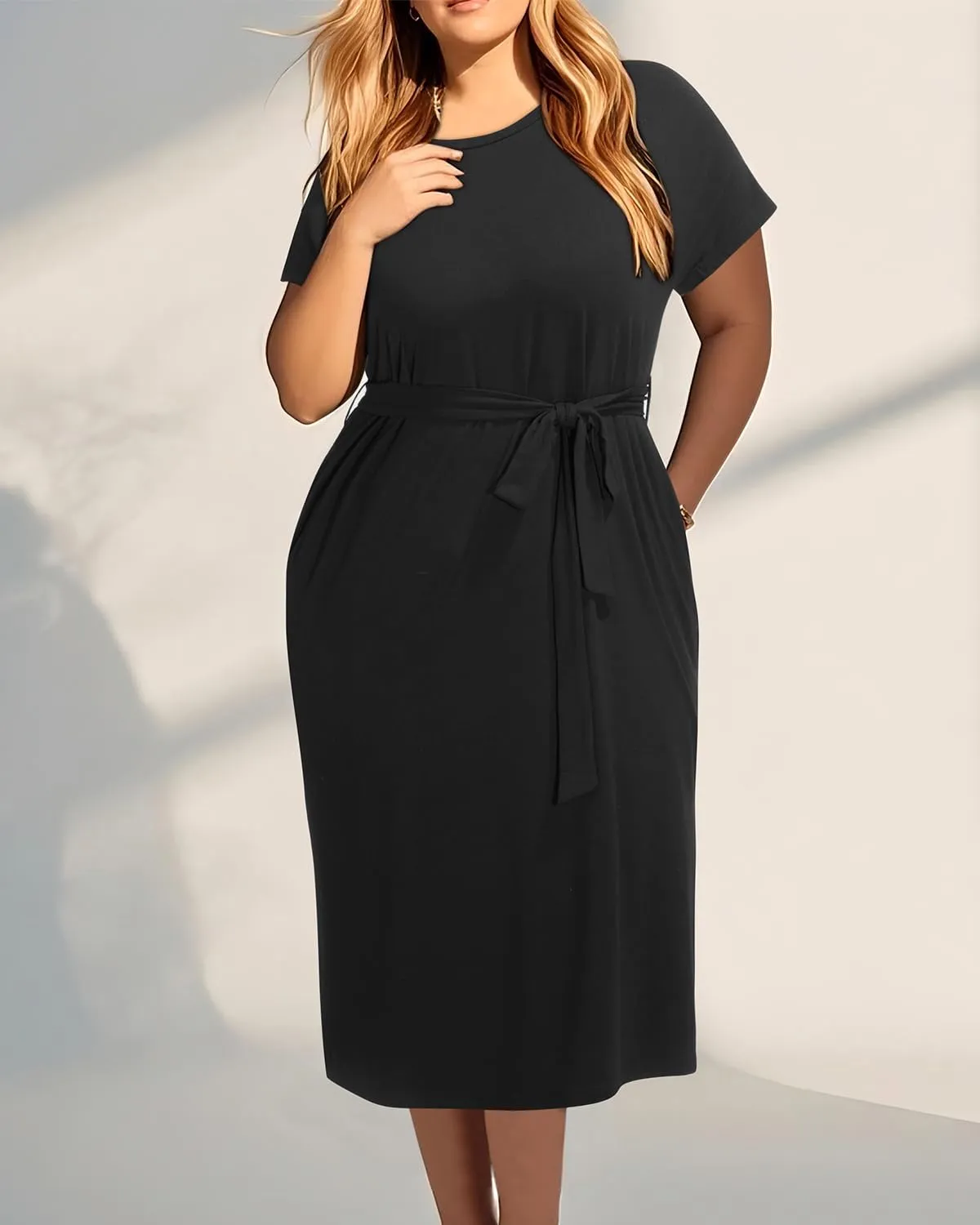 Holipick Plus Size Summer Dresses for Curvy Women Church Business Work Casual Party Tie Short Sleeves Midi Dress Pockets