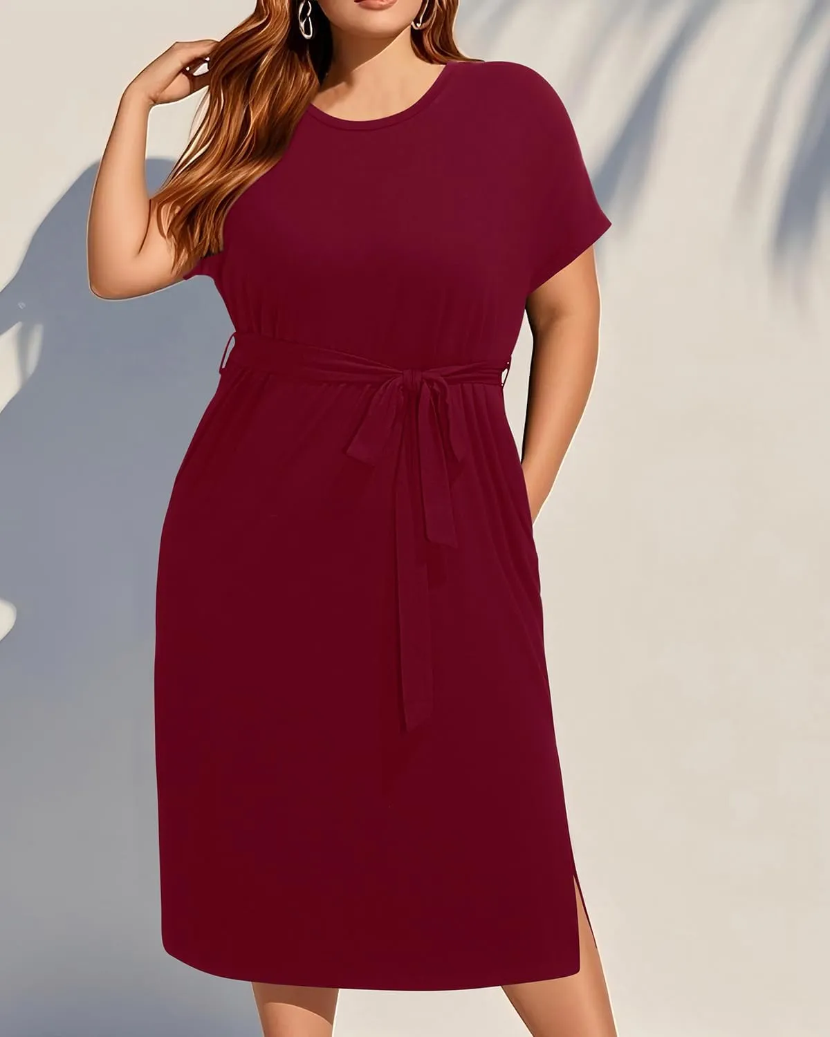 Holipick Plus Size Summer Dresses for Curvy Women Church Business Work Casual Party Tie Short Sleeves Midi Dress Pockets