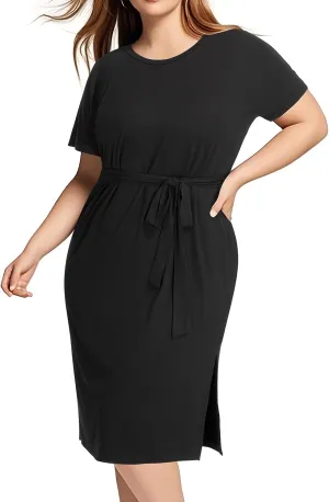 Holipick Plus Size Summer Dresses for Curvy Women Church Business Work Casual Party Tie Short Sleeves Midi Dress Pockets