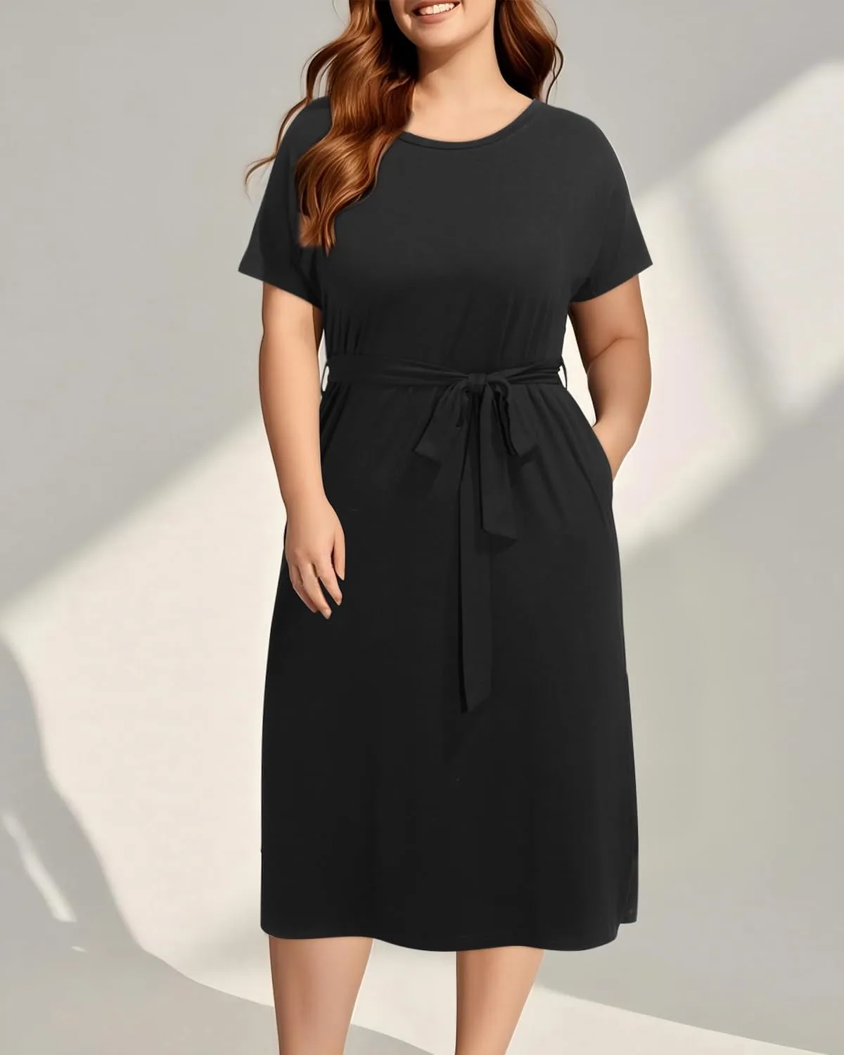 Holipick Plus Size Summer Dresses for Curvy Women Church Business Work Casual Party Tie Short Sleeves Midi Dress Pockets