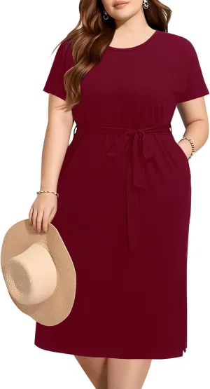 Holipick Plus Size Summer Dresses for Curvy Women Church Business Work Casual Party Tie Short Sleeves Midi Dress Pockets
