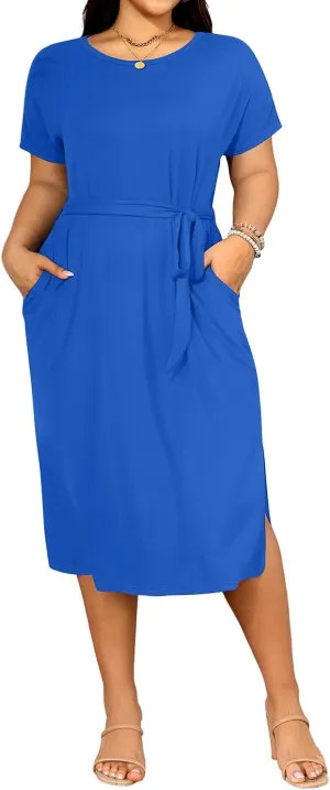 Holipick Plus Size Summer Dresses for Curvy Women Church Business Work Casual Party Tie Short Sleeves Midi Dress Pockets