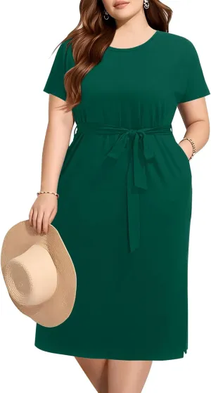 Holipick Plus Size Summer Dresses for Curvy Women Church Business Work Casual Party Tie Short Sleeves Midi Dress Pockets