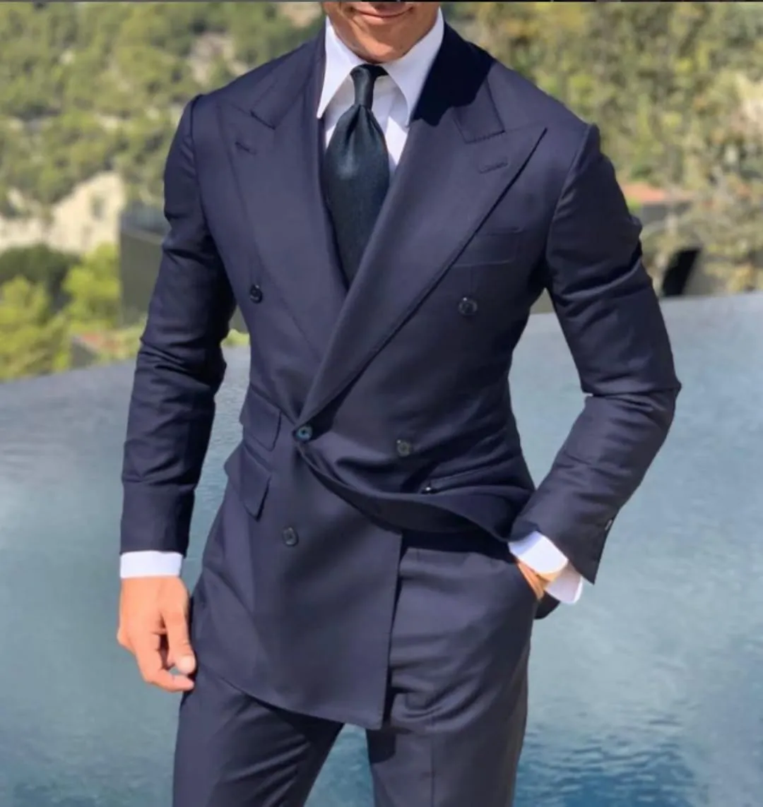 HZUOU Double Breasted Men's Suit Wide Peak Lapel Wedding Grooms Tuxedos 2 Pieces Business Men Suits HZH25