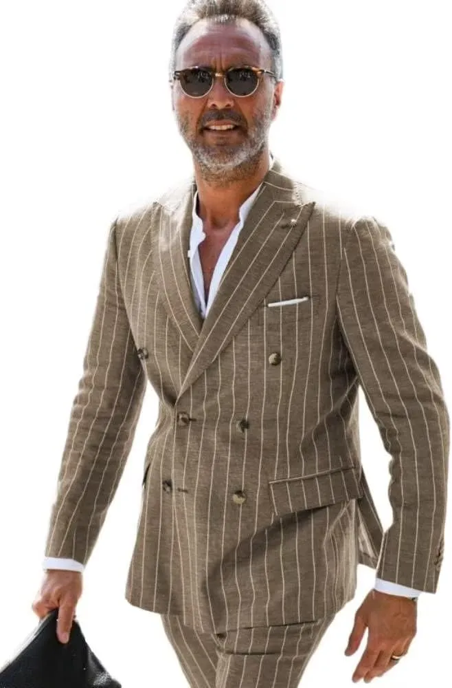 HZUOU Mens Suits 2 Piece Pinstripe Linen Wedding Tuxedos Double Breasted Formal Business Coat Pant Sets HZH18