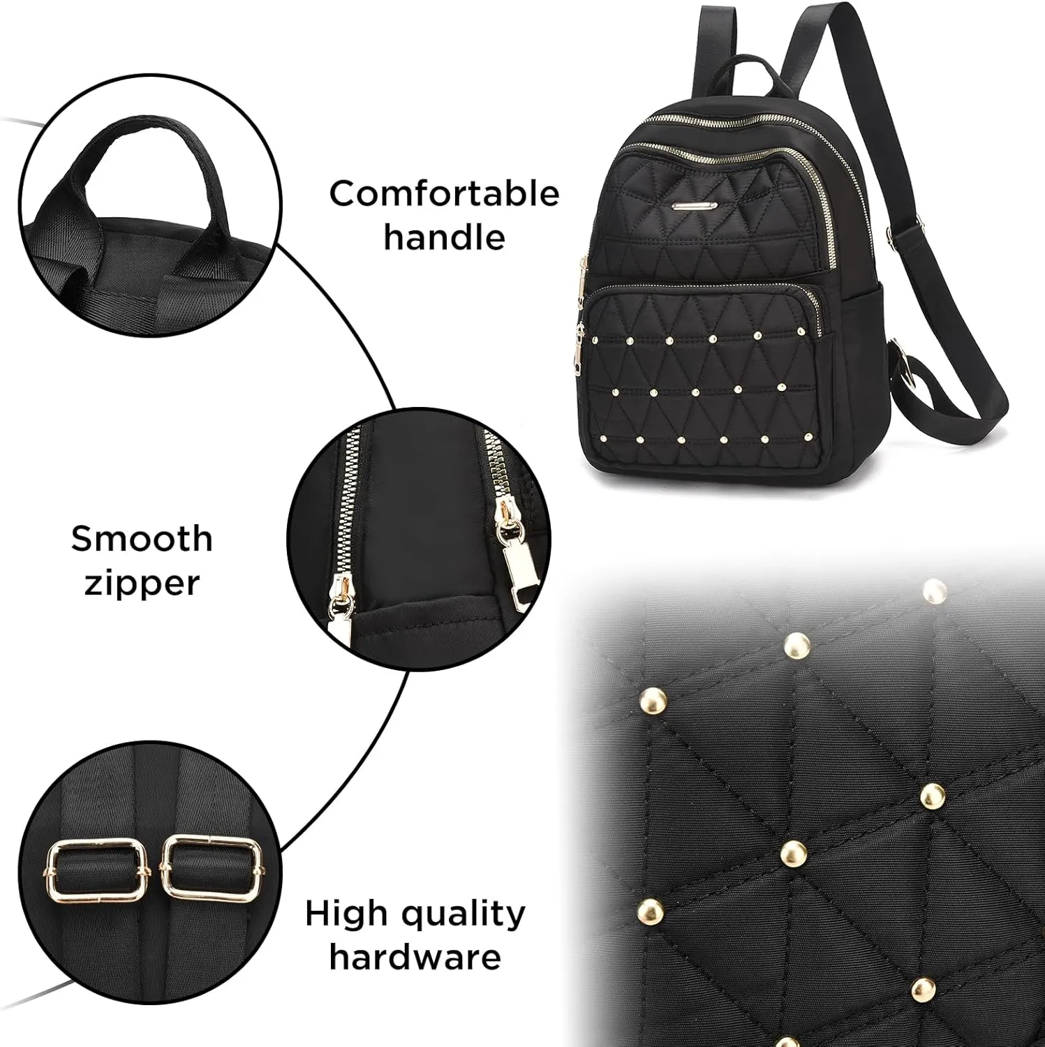 I IHAYNER Mini Backpack for Women Nylon Travel Purse Shoulder Bag for College Work Casual Lightweight Daypack for Ladies Pure Black