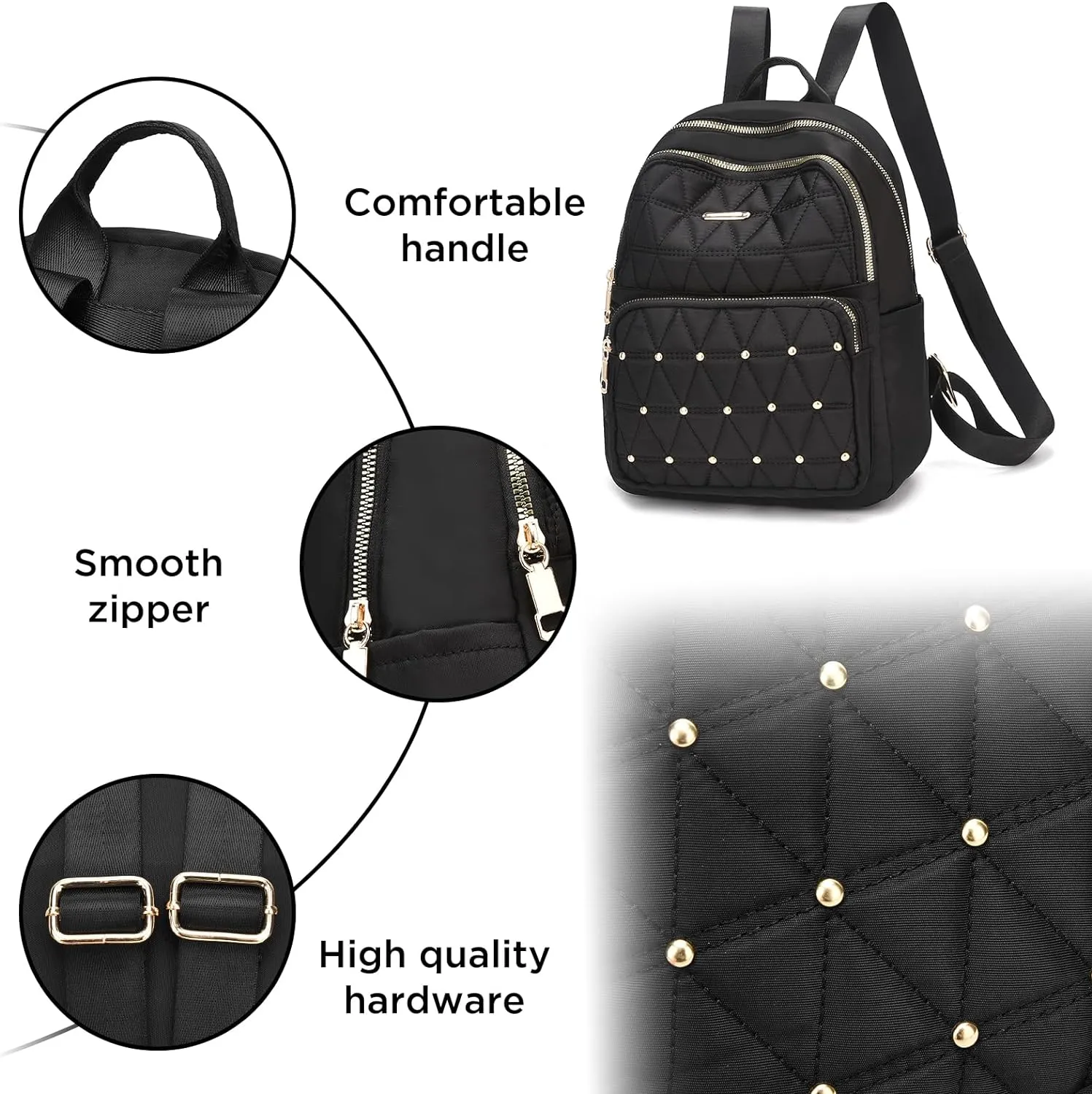 I IHAYNER Mini Backpack for Women Nylon Travel Purse Shoulder Bag for College Work Casual Lightweight Daypack With Rivets for Ladies Black
