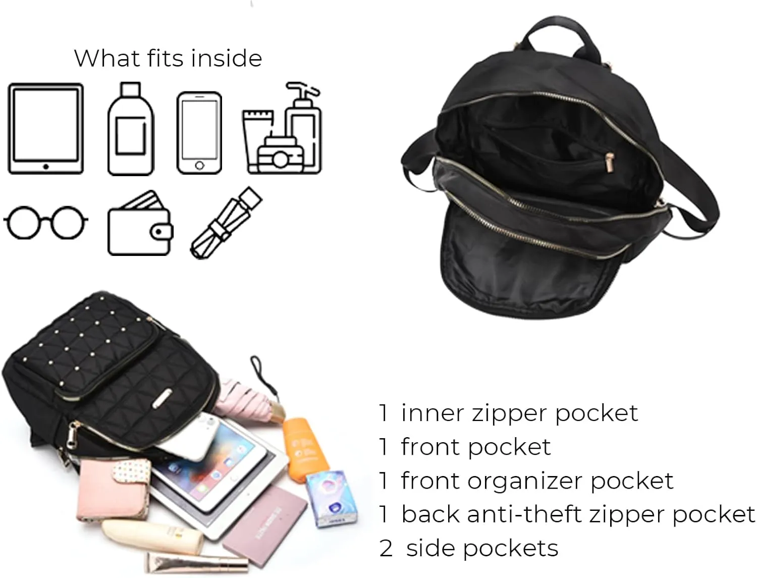 I IHAYNER Mini Backpack for Women Nylon Travel Purse Shoulder Bag for College Work Casual Lightweight Daypack With Rivets for Ladies Grey