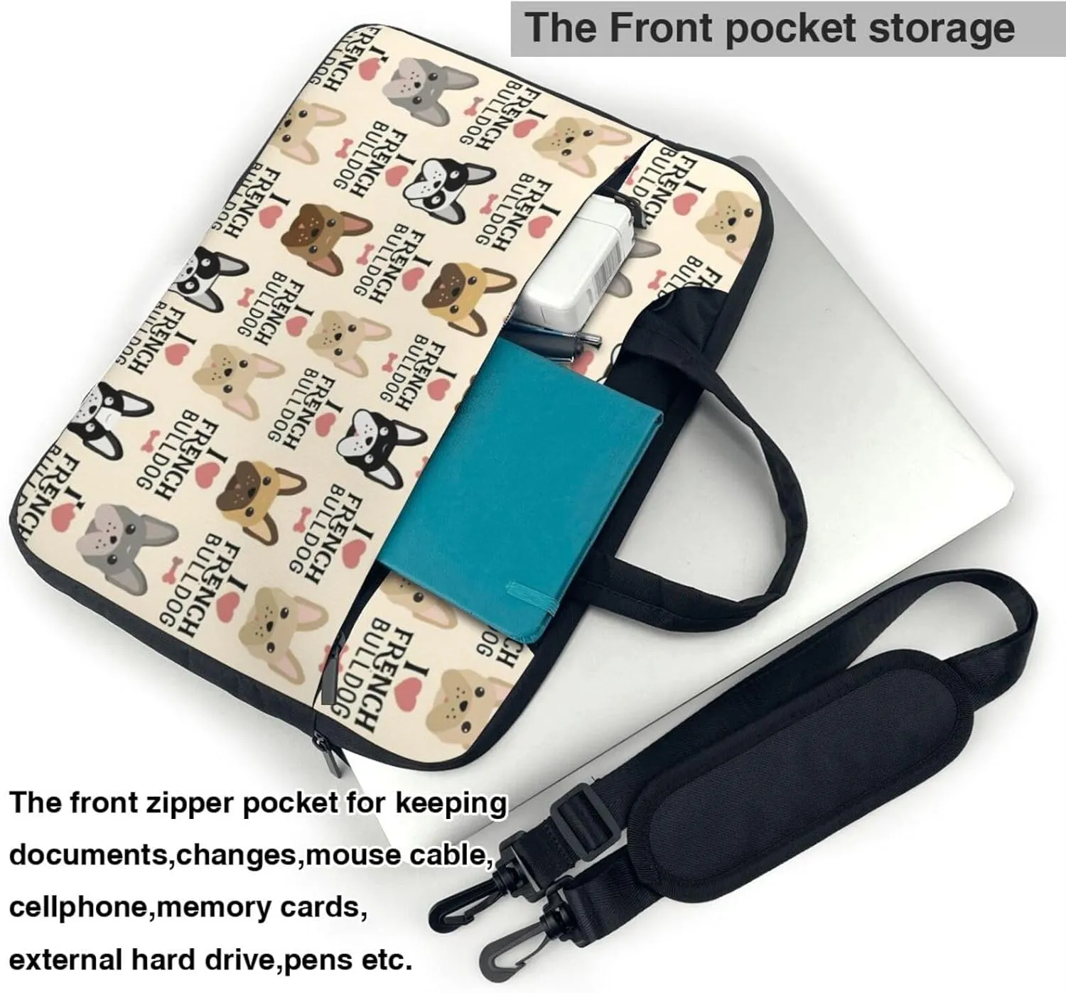 I Love French Bulldog Print Work Casual Office Laptop Shoulder Messenger Bag 13 inch 14 inch 15.6 inch