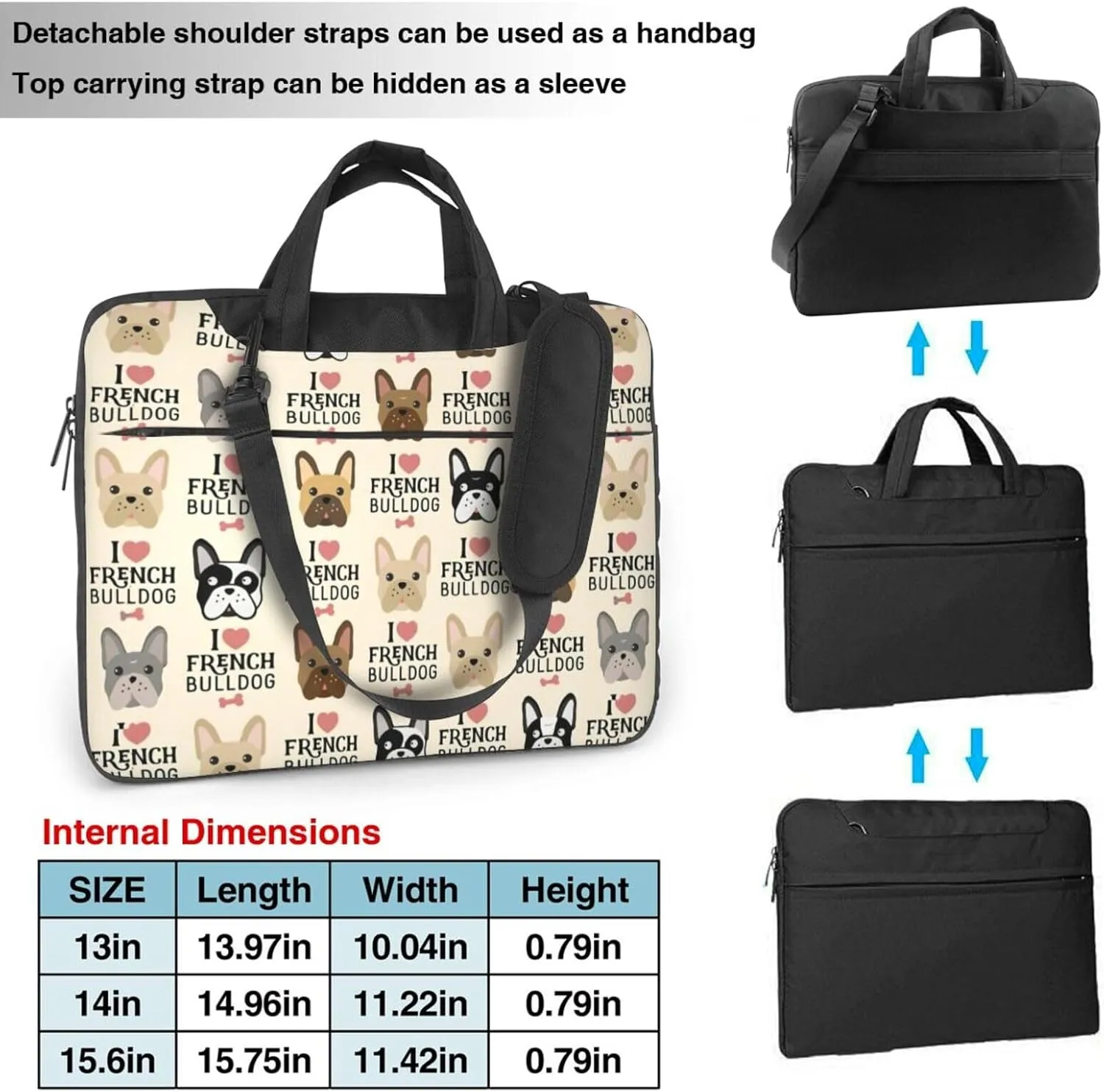 I Love French Bulldog Print Work Casual Office Laptop Shoulder Messenger Bag 13 inch 14 inch 15.6 inch
