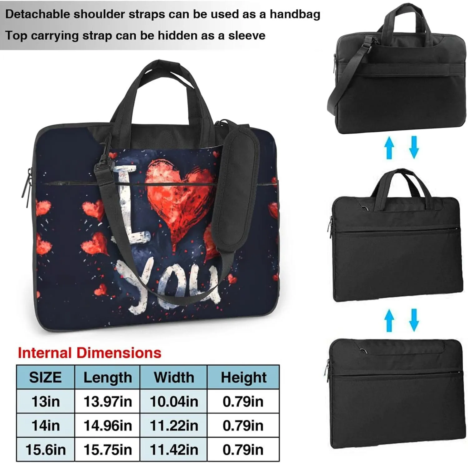 I Love You Words with Hearts Print Work Casual Office Laptop Shoulder Messenger Bag 13 inch 14 inch 15.6 inch