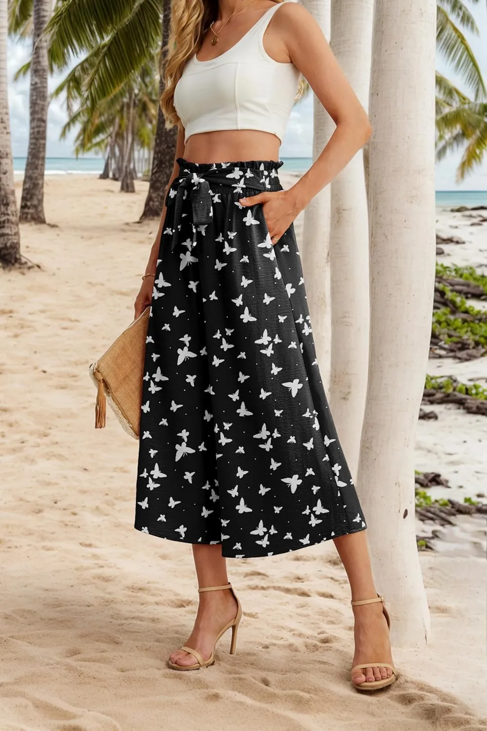 IWOLLENCE Women Flowy Loose Wide Leg Pant Summer Beach Casual Trousers high Waist Adjustable Knot Business Work Casual Pants