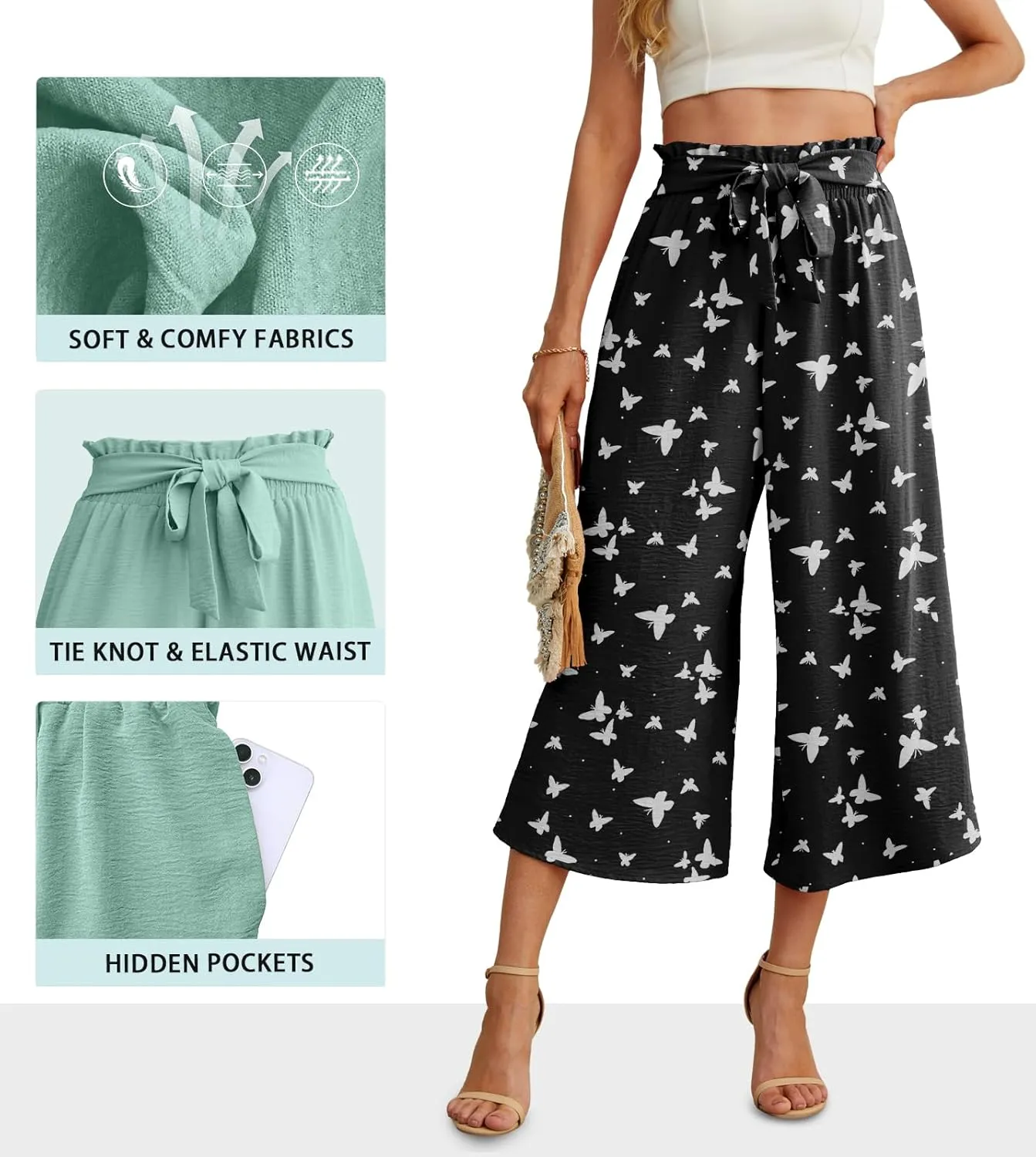 IWOLLENCE Women Flowy Loose Wide Leg Pant Summer Beach Casual Trousers high Waist Adjustable Knot Business Work Casual Pants