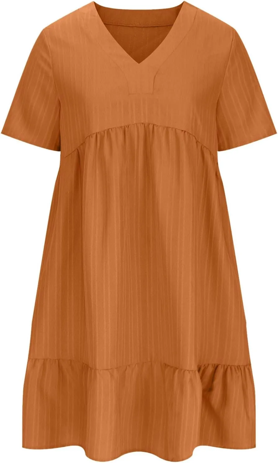 JOAU Women Summer Boho Short Sleeve Beach Textured Mini Dress Casual V-Neck Ruffle Hem Pleated T-Shirt Dress Travel Vacation