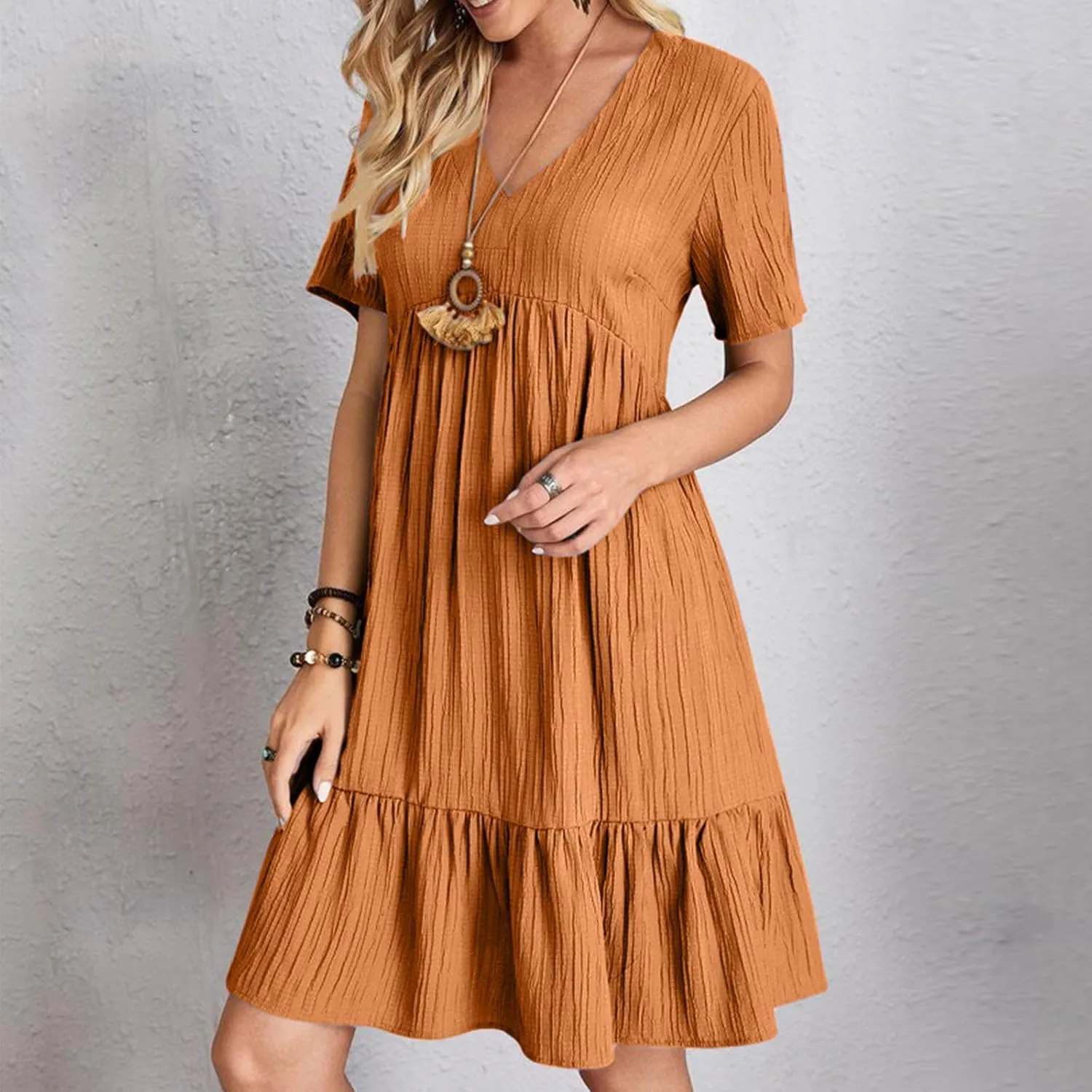 JOAU Women Summer Boho Short Sleeve Beach Textured Mini Dress Casual V-Neck Ruffle Hem Pleated T-Shirt Dress Travel Vacation