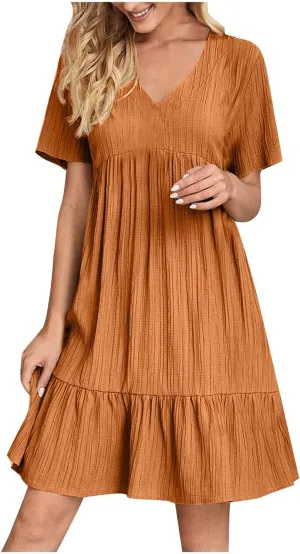 JOAU Women Summer Boho Short Sleeve Beach Textured Mini Dress Casual V-Neck Ruffle Hem Pleated T-Shirt Dress Travel Vacation