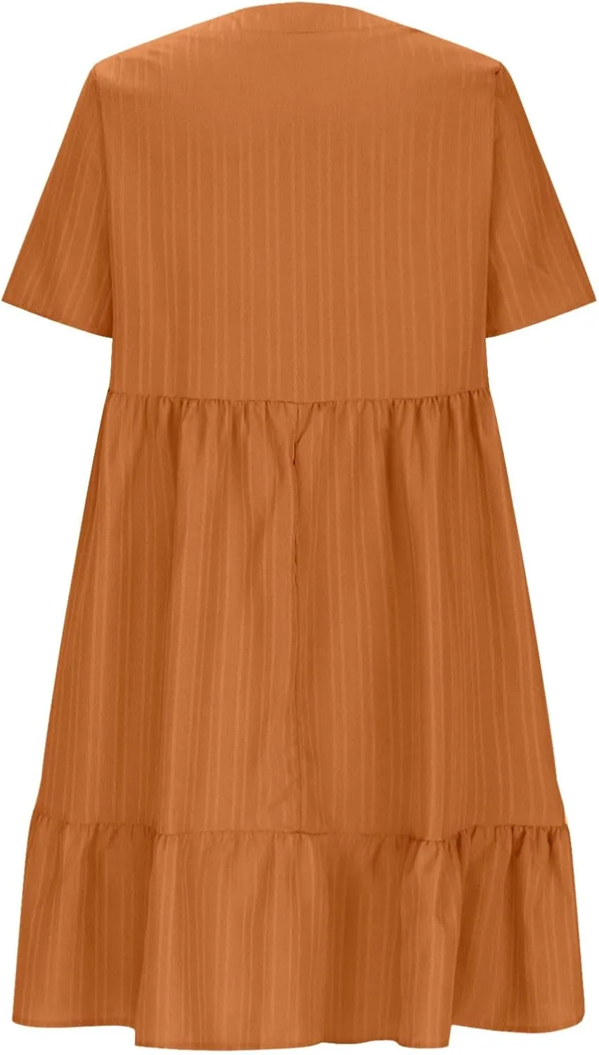 JOAU Women Summer Boho Short Sleeve Beach Textured Mini Dress Casual V-Neck Ruffle Hem Pleated T-Shirt Dress Travel Vacation