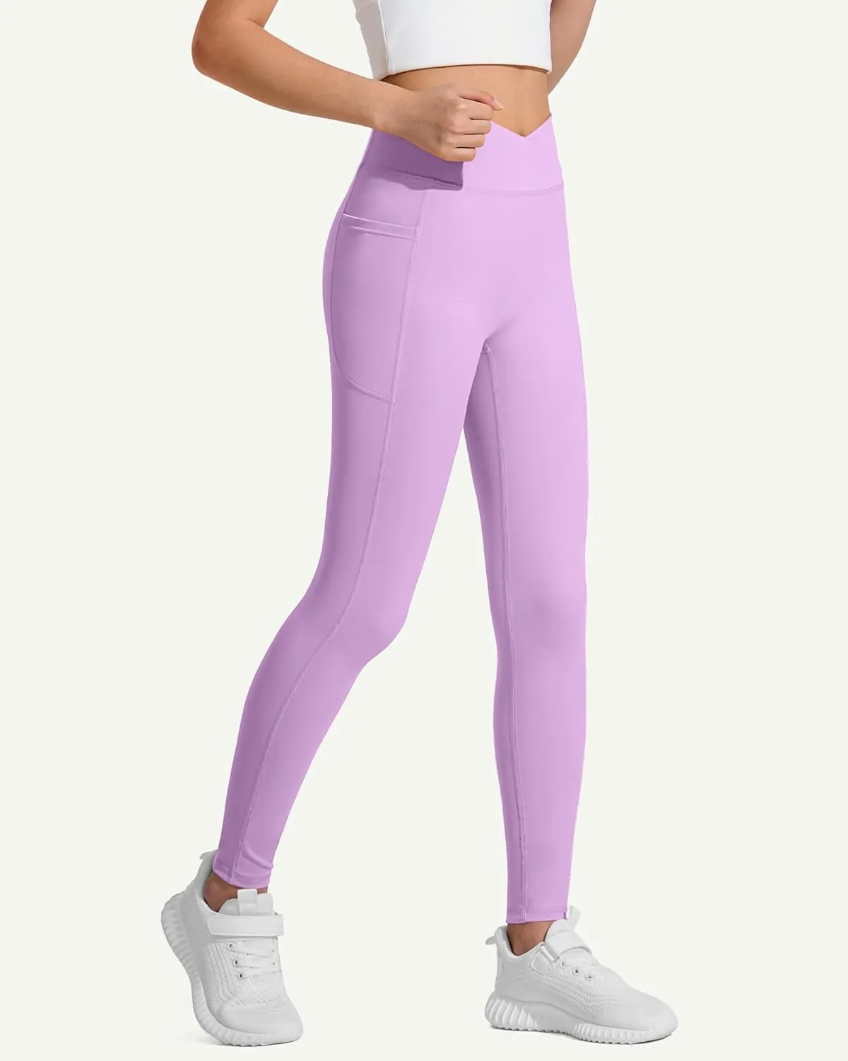 JOCMIC Girls Athletic Leggings Cross High Waist for Kids Yoga Dance Gym Pants with Pocket