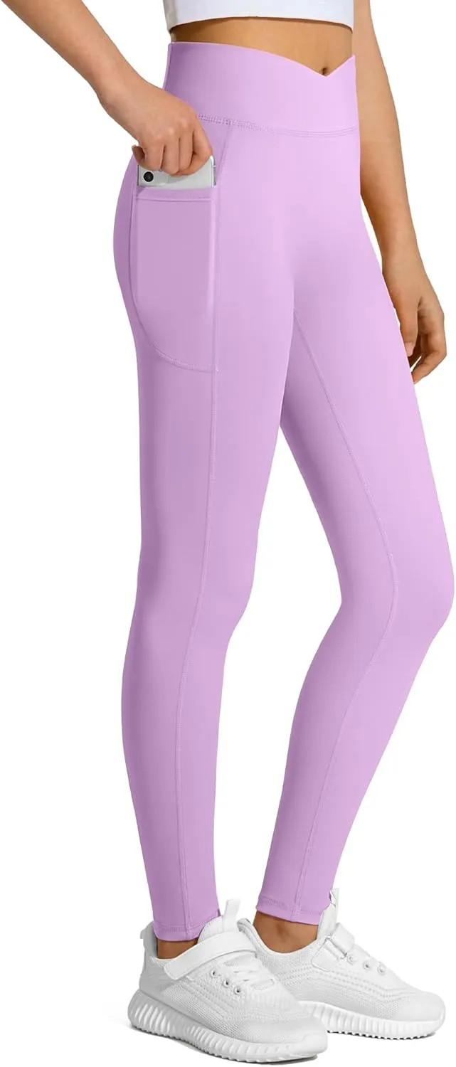 JOCMIC Girls Athletic Leggings Cross High Waist for Kids Yoga Dance Gym Pants with Pocket