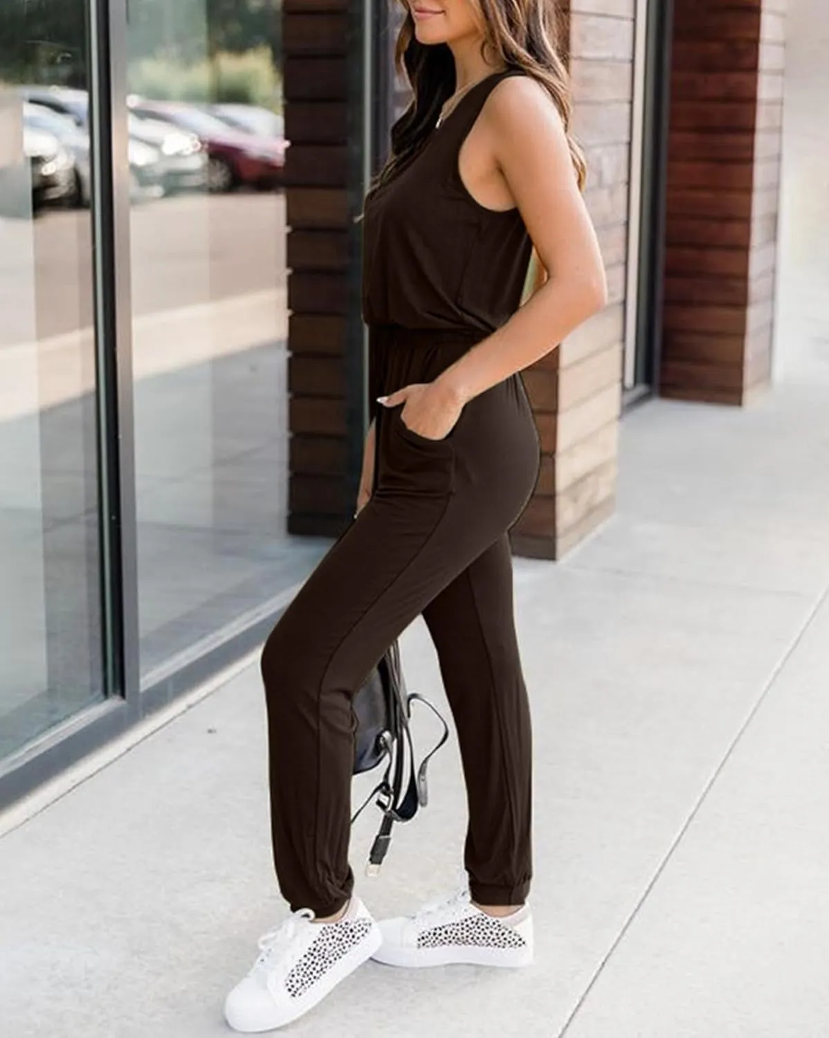 KIRUNDO Women 2025 Summer Jumpsuits Casual Sleeveless Drawstring Elastic Waist Romper Vacation Cruise Airport Travel Outfits