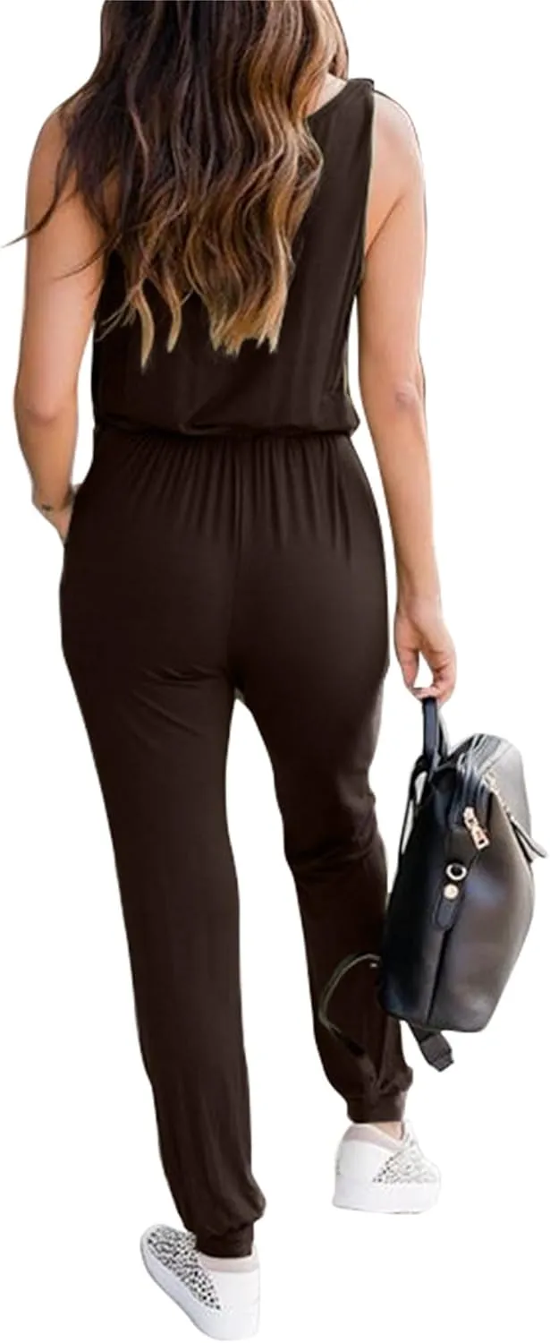 KIRUNDO Women 2025 Summer Jumpsuits Casual Sleeveless Drawstring Elastic Waist Romper Vacation Cruise Airport Travel Outfits