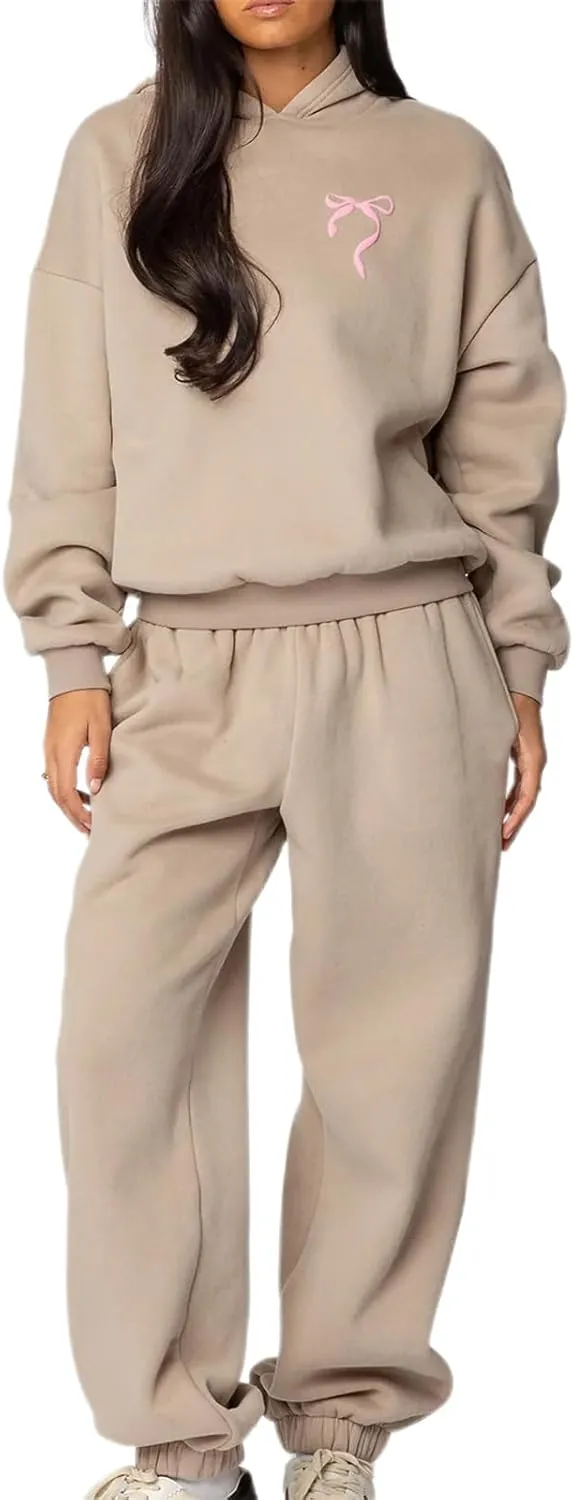 KMBANGI Women Bow 2 Piece Sweatsuit Sets Oversized Hoodie Wide Leg Sweatpants Y2k Sweat Sets Outfits Tracksuit
