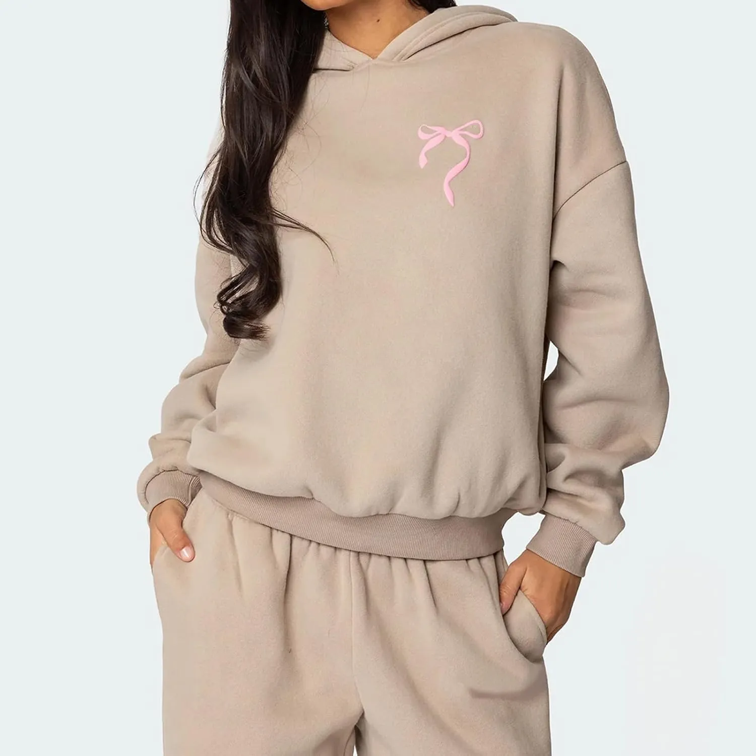 KMBANGI Women Bow 2 Piece Sweatsuit Sets Oversized Hoodie Wide Leg Sweatpants Y2k Sweat Sets Outfits Tracksuit