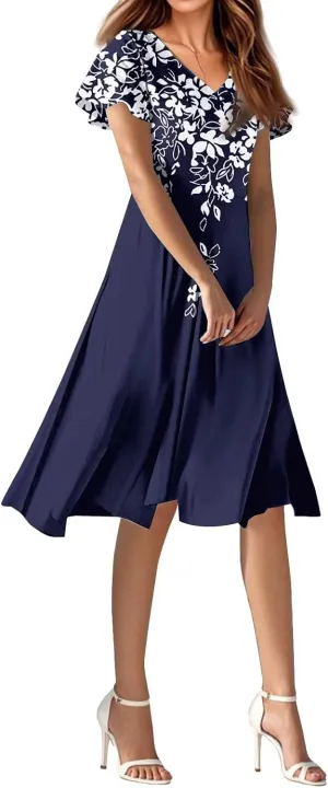Knee Length Dress for Women Bohemian Summer Short Sleeve Summer 2025 V Neck Modest Sundress Floral Dress