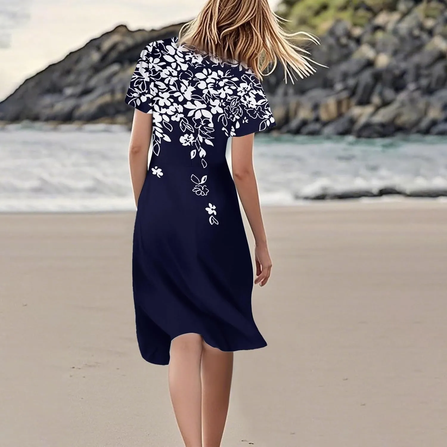 Knee Length Dress for Women Bohemian Summer Short Sleeve Summer 2025 V Neck Modest Sundress Floral Dress