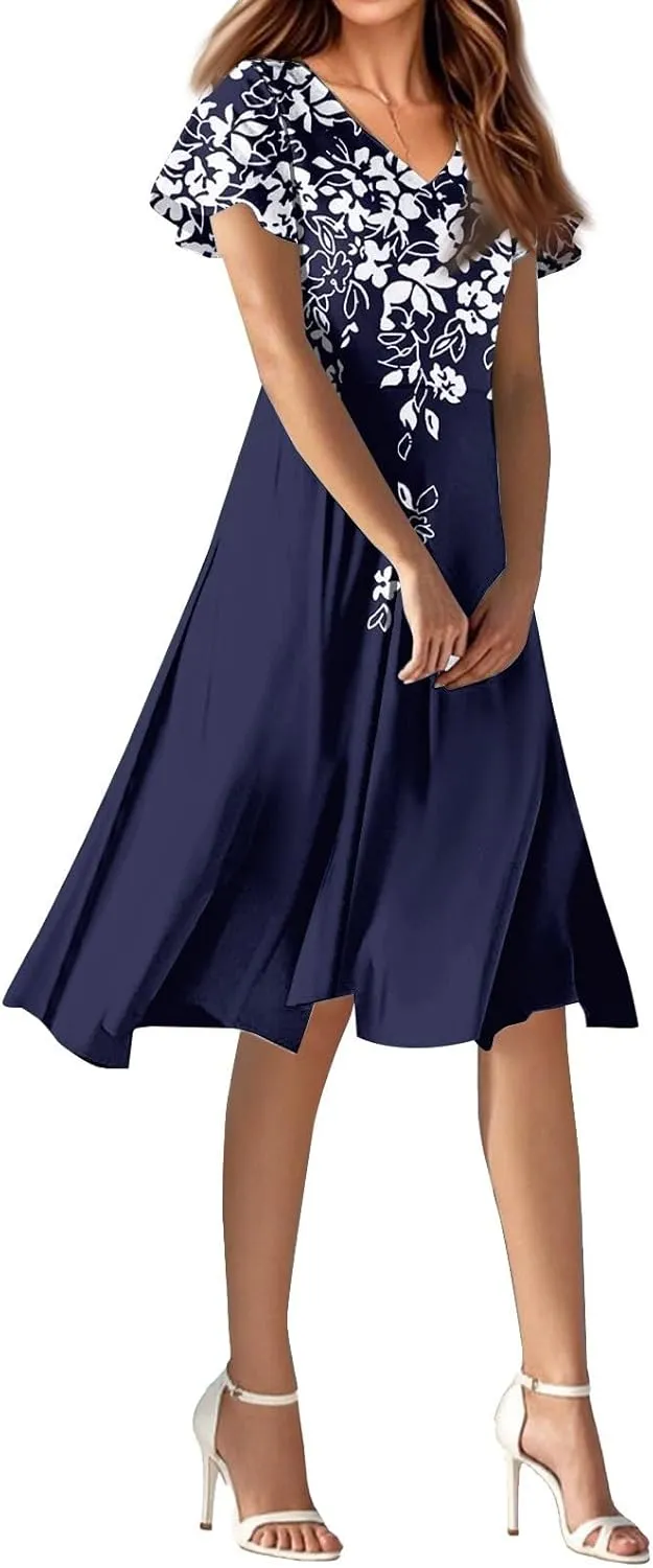 Knee Length Dress for Women Bohemian Summer Short Sleeve Summer 2025 V Neck Modest Sundress Floral Dress