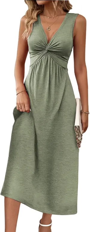 Knotted Front Dresses for Women Sleeveless Tank Dress A Line V Neck Dresses Ruffle Summer Elegant Tunic Midi Sundress