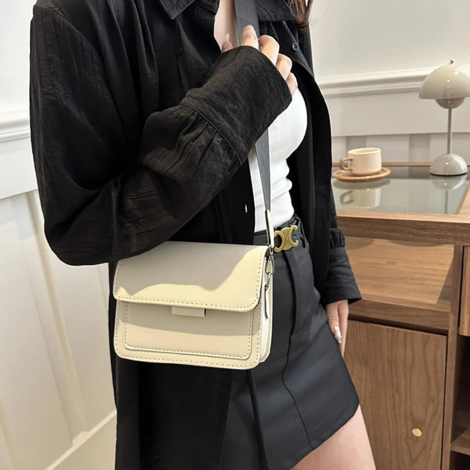 Korean Style Small Square Shoulder Bag Wide Strap Women PU Leather Crossbody Purse