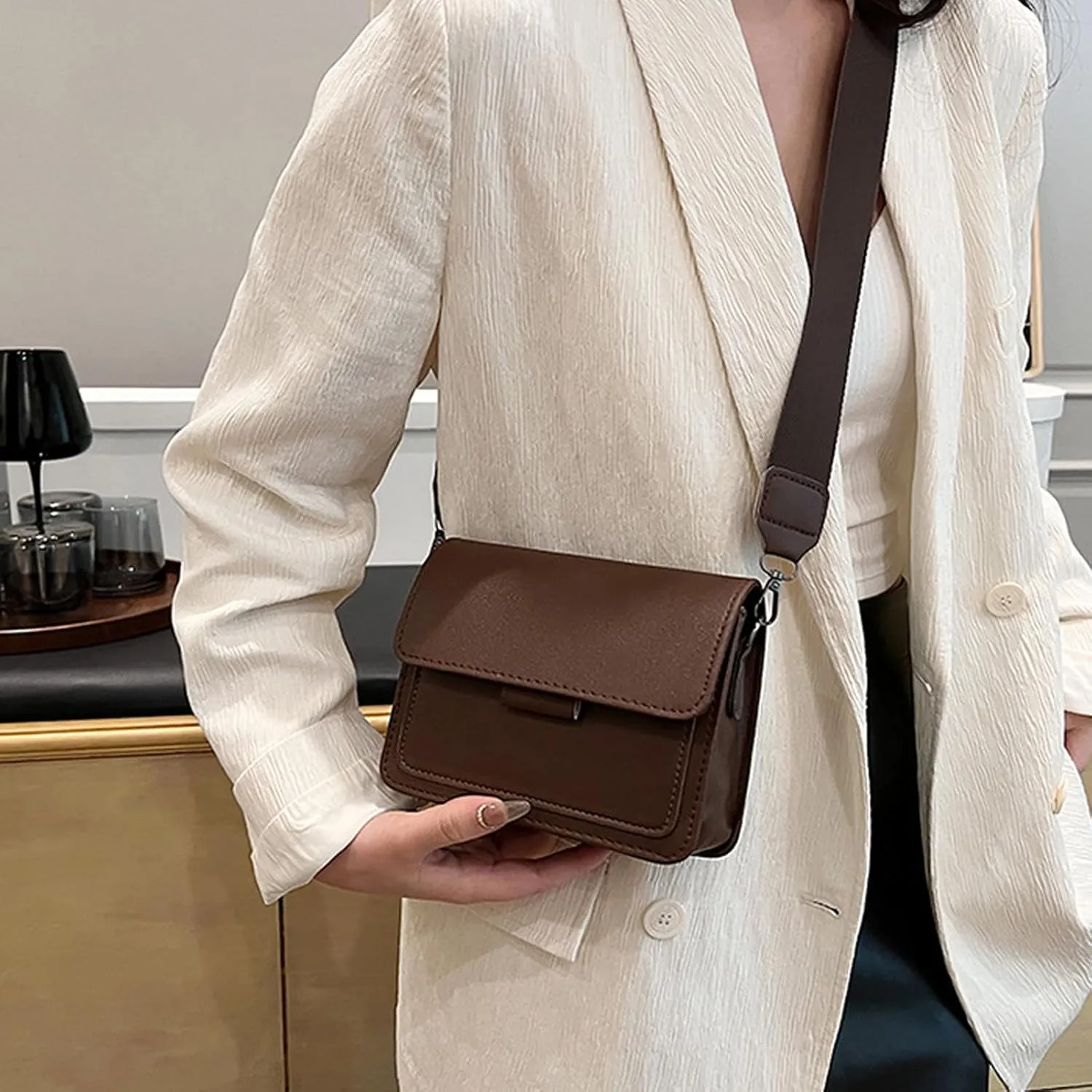 Korean Style Small Square Shoulder Bag Wide Strap Women PU Leather Crossbody Purse