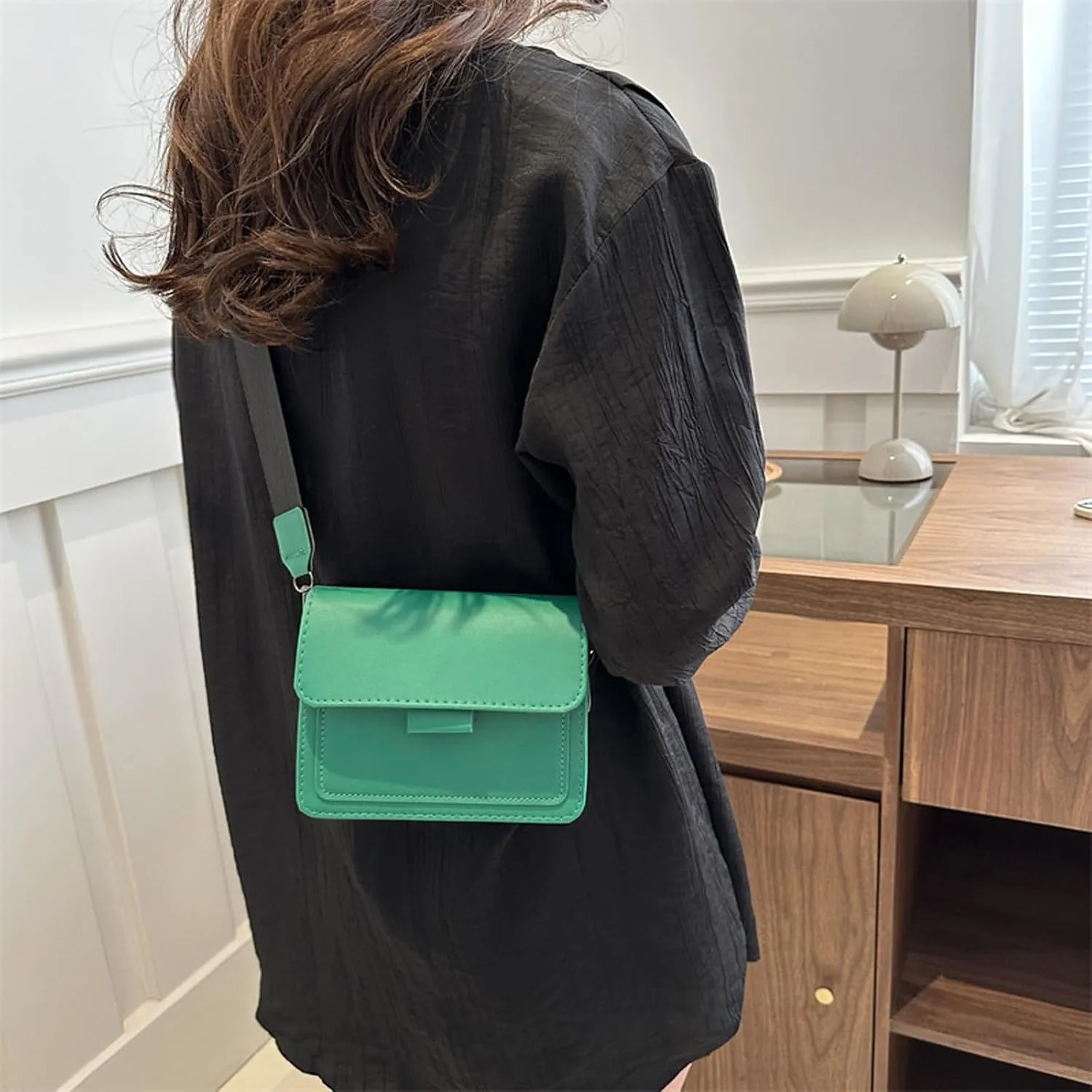 Korean Style Small Square Shoulder Bag Wide Strap Women PU Leather Crossbody Purse