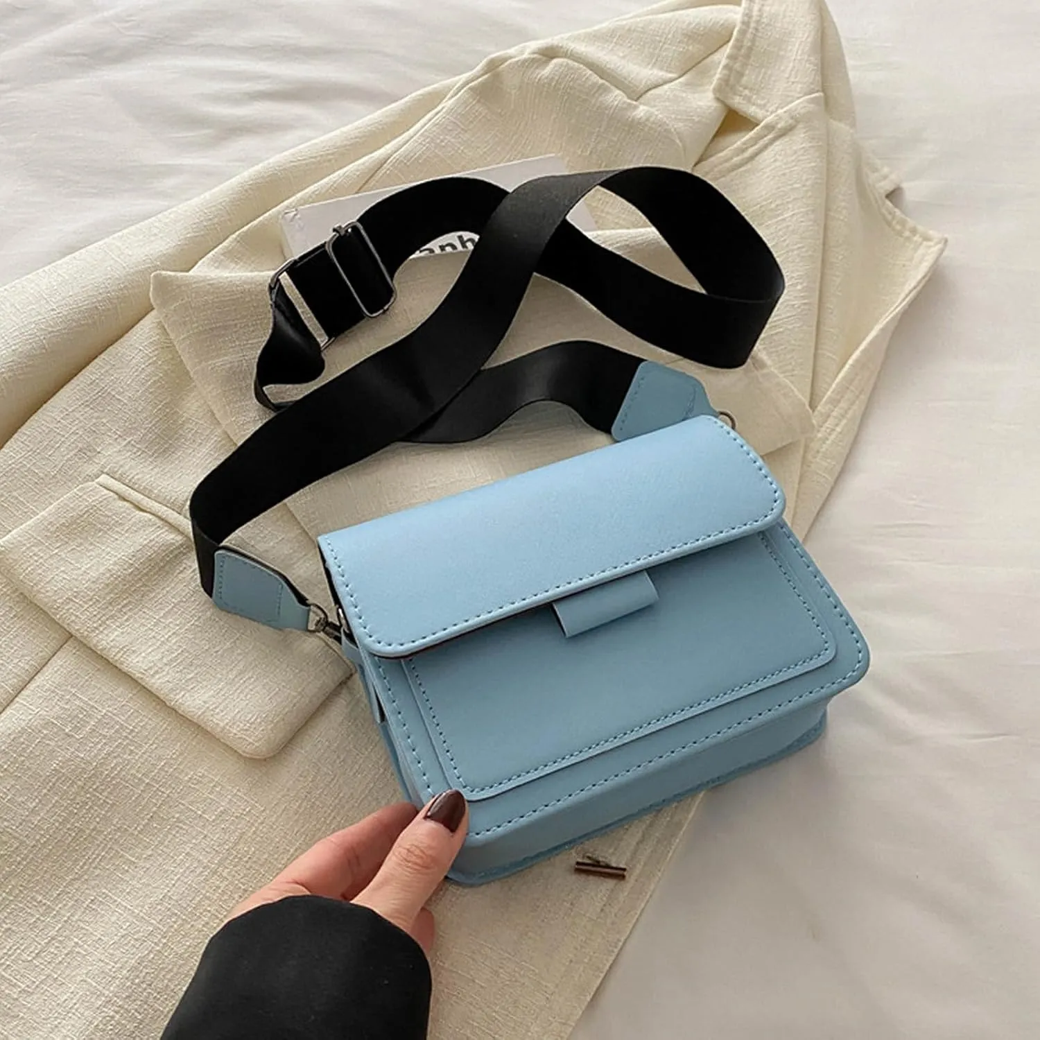 Korean Style Small Square Shoulder Bag Wide Strap Women PU Leather Crossbody Purse