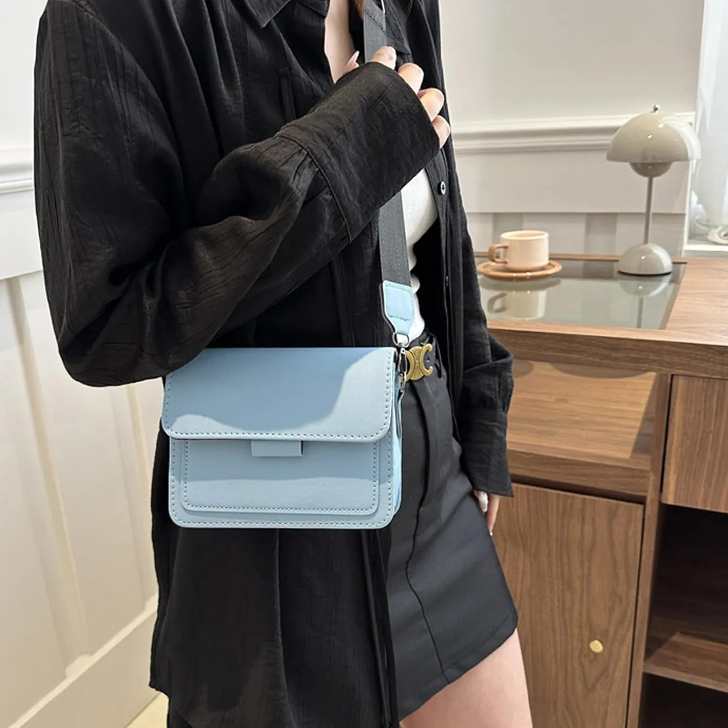 Korean Style Small Square Shoulder Bag Wide Strap Women PU Leather Crossbody Purse