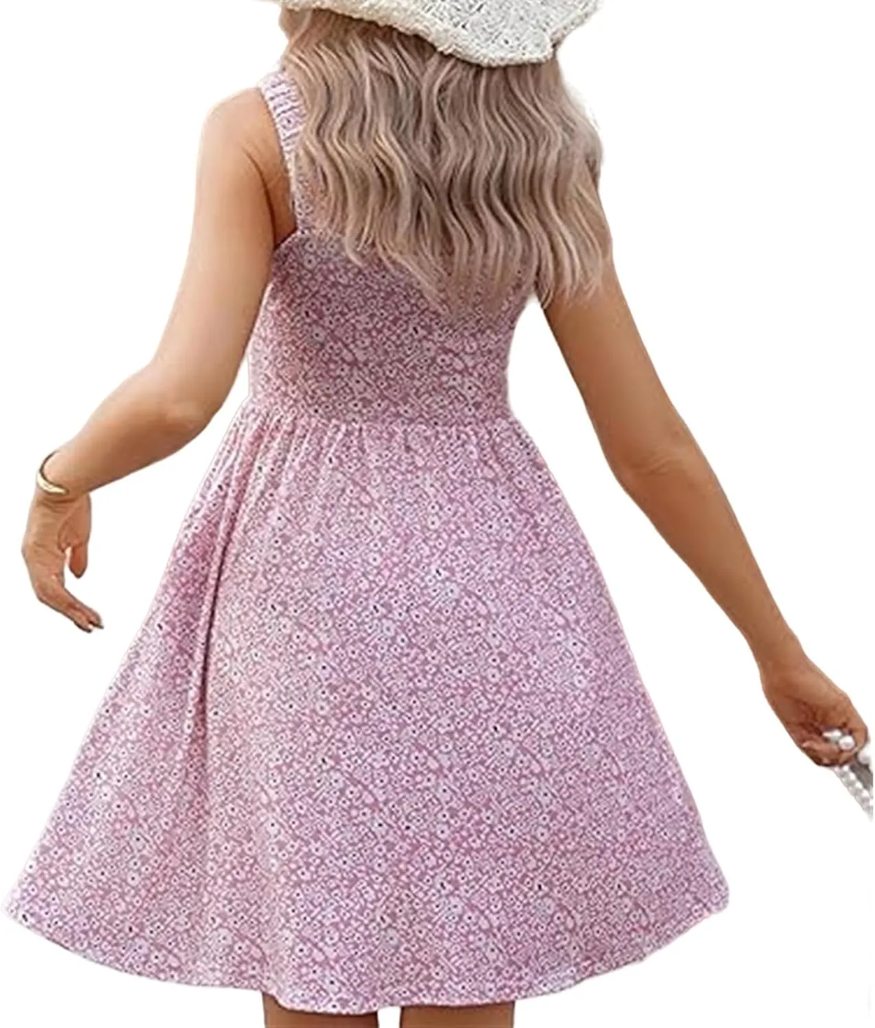 Kubbon Floral Dress for Women Casual Sleeveless Square Neck Tank Dresses Boho A Line Mini Dresses Beach Travel Outfits