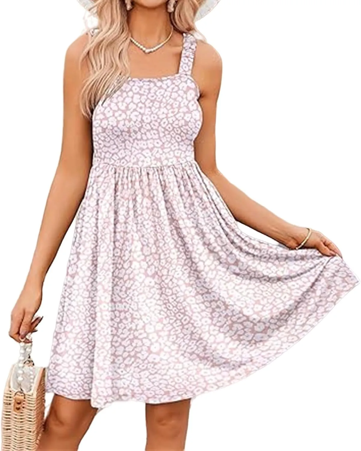 Kubbon Floral Dress for Women Casual Sleeveless Square Neck Tank Dresses Boho A Line Mini Dresses Beach Travel Outfits