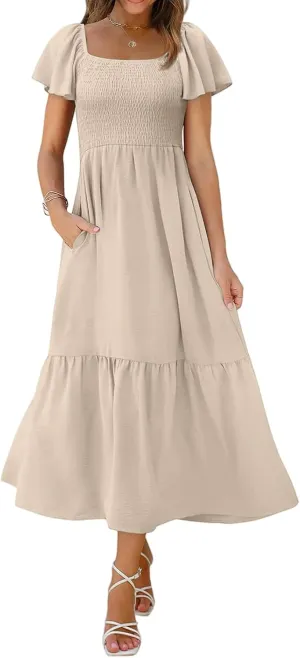 Kubbon Flutter Sleeve Dress for Women Square Neck Flowy Tiered Maxi Dresses Elegant Wedding Guest Dress with Pockets