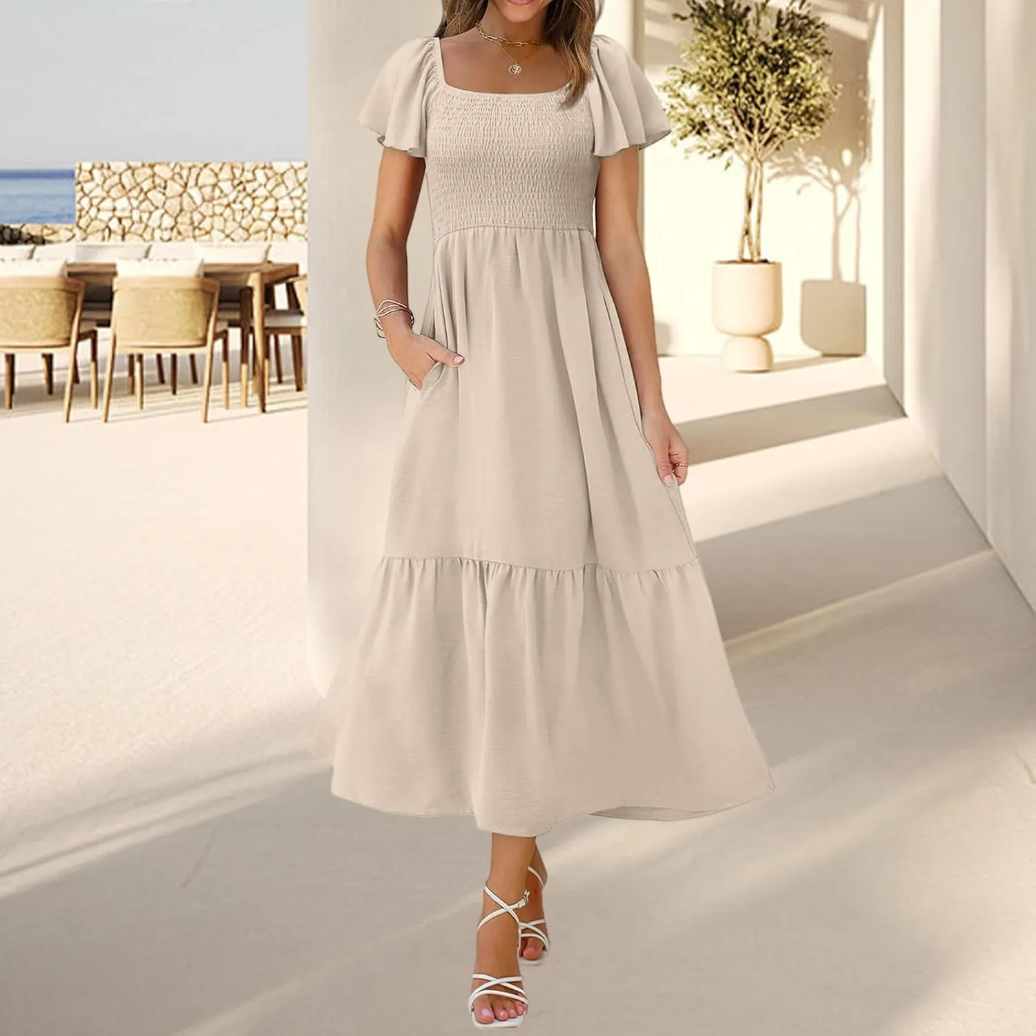 Kubbon Flutter Sleeve Dress for Women Square Neck Flowy Tiered Maxi Dresses Elegant Wedding Guest Dress with Pockets