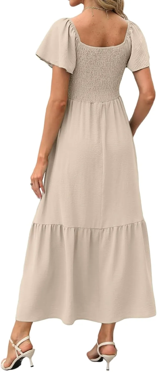 Kubbon Flutter Sleeve Dress for Women Square Neck Flowy Tiered Maxi Dresses Elegant Wedding Guest Dress with Pockets