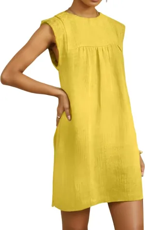 Kubbon Linen Dress Women Sleeveless T-Shirt Dress Casual Round Neck Mini Dresses Solid Color Loose Beach Sundress 2025